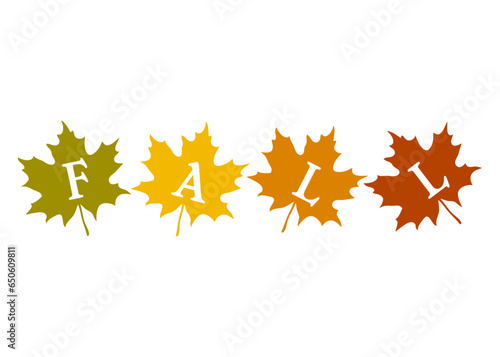 Logo con letras palabra Fall en siluetas de hojas de arce en paleta de gradiente de colores. Concepto de cambio de temporada de otoño