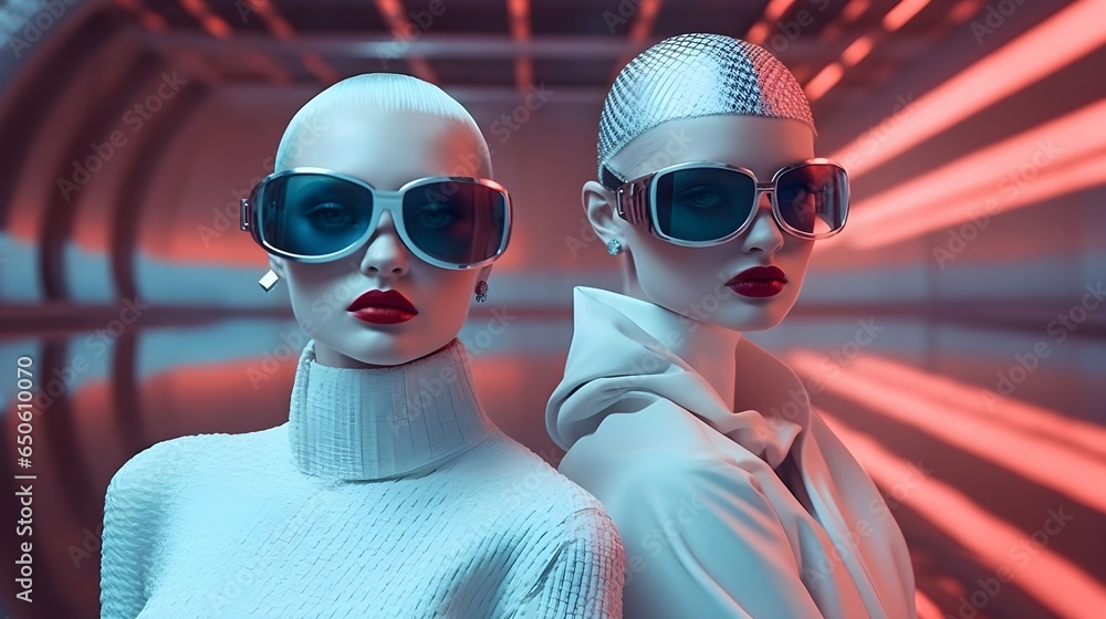 Futuristic high fashion female model with stylish sunglasses - obrazy, fototapety, plakaty 