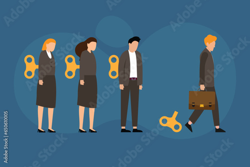 Businessman walking after his winder released. Free will, freedom 2d vector illustration concept for banner, website, landing page, flyer, etc