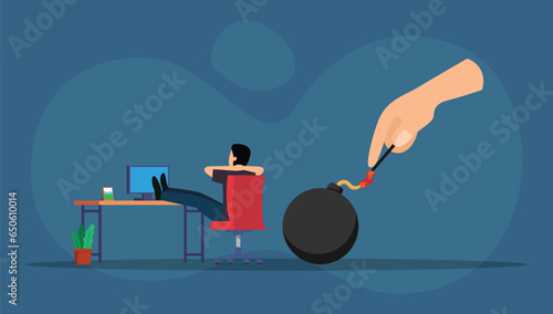 Businessman sits relaxed in his chair with the hand igniting a bomb behind him 2d vector illustration concept for banner, website, landing page, flyer, etc