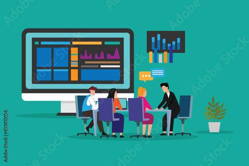 thinking on stats and information. Infocharts and analysis, analytics for business company projects 2d vector illustration concept for banner, website, landing page, flyer, etc