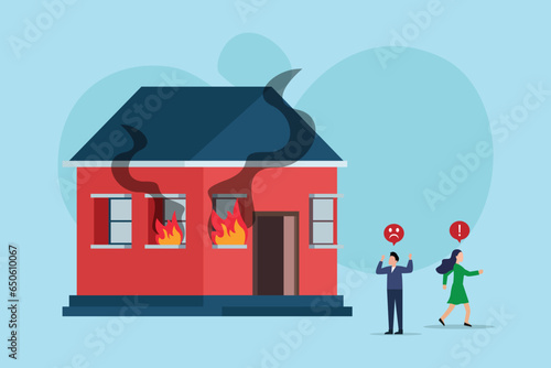 Couple running out of their home which is on fire 2d vector illustration concept for banner, website, landing page, flyer, etc