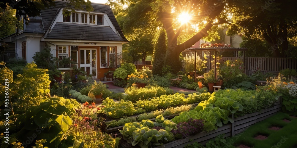 Fototapeta premium AI Generated. AI Generative. Nature outdoor exterior house garden with cozy table with many plants flowers. Graphic Art