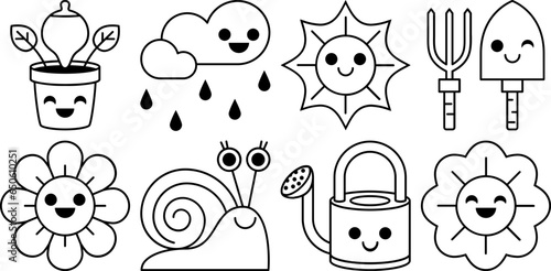 Série d'icônes sur le thème du jardin et de la nature, fleurs avec un sourire, arrosoir et outils de jardinage, mignon escargot sous la pluie, oya dans un pot, collection de vecteur pictogrammes svg