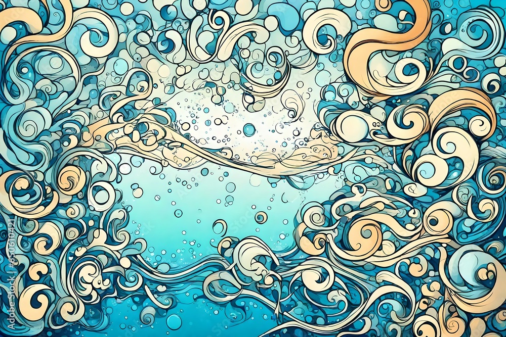 Curly fresh underwater or sky background with flourishes, bubbles and linework