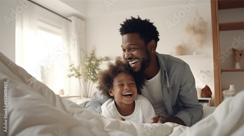 Happy afro american family father and cute little son relaxing at home in bed- generative AI, fiction Person
