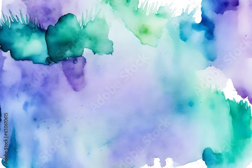 Purple and blue green watercolor wash background with fringe bleed and bloom blotches in grainy watercolor paint on paper texture, artsy creative background design