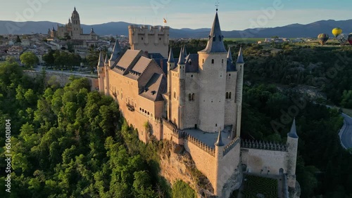 Cathedral and Alcazar of Segovia in morning lights, Spain. Aerial shot. Flying over Alcazar of Segovia medieval castle photo