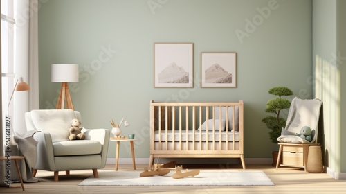 An interior render of a nursery, featuring a stylish scandinavian newborn baby room with toys, plush animals, and child accessories