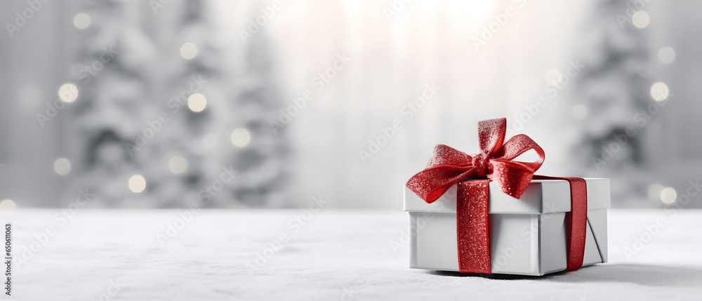 White Gift on Snowy Background with Copy Space White Gift on Snowy Background with Copy Space