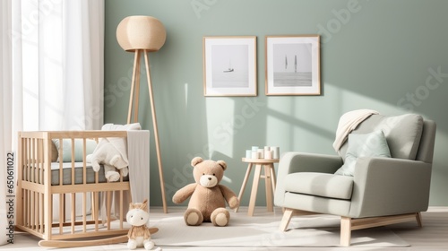 An interior render of a nursery, featuring a stylish scandinavian newborn baby room with toys, plush animals, and child accessories