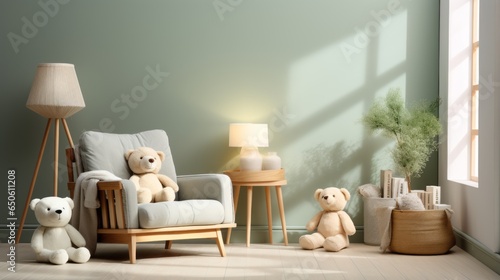 An interior render of a nursery, featuring a stylish scandinavian newborn baby room with toys, plush animals, and child accessories