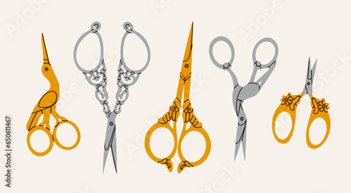 Set of various gold and silver Scissors. Elegant, fancy, vintage, retro style. Hand drawn Vector illustration. Isolated design elements. Cutting hair, scissoring, shear concept