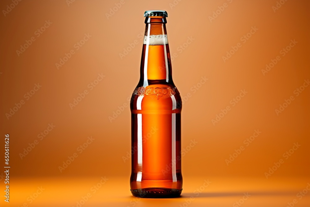 An unlabeled beer bottle sits on a clean table, providing a blank