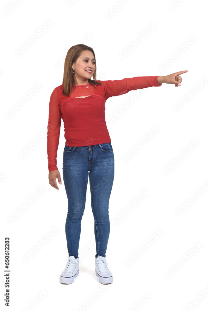 full portait of woman pointing to the side on white background full portait of woman pointing to the side on white background