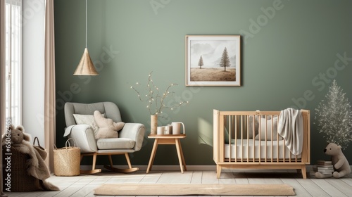 An interior render of a nursery, featuring a stylish scandinavian newborn baby room with toys, plush animals, and child accessories