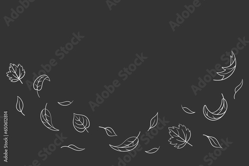 Leaves fall set in doodle style, vector illustration. Wave cold air during windy weather. Maple leaf outline for print and design. Isolated elements on chalk board background. Autumn symbol nature