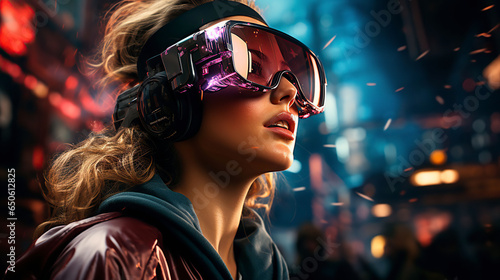 Neon dreamscape: Woman embraces the future with VR vision.