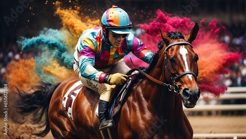 Colorfull Racing horse with jockey. Equestrian sport. Illustration of ink paints. Generative AI.