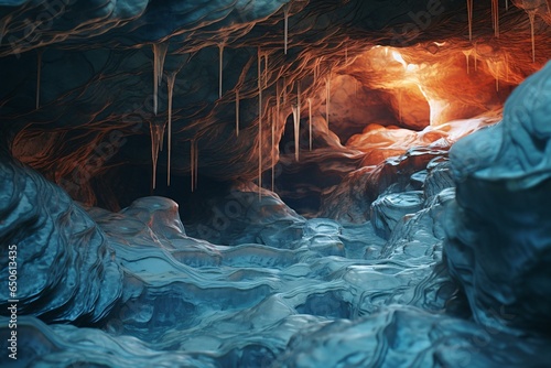 An enchanting ice cave filled with sparkling icicles