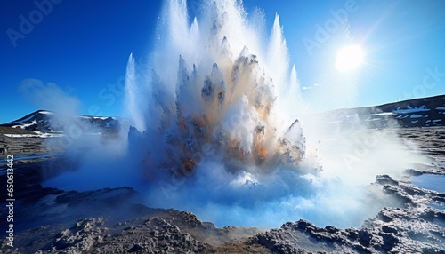 A powerful geyser shooting water high into the sky