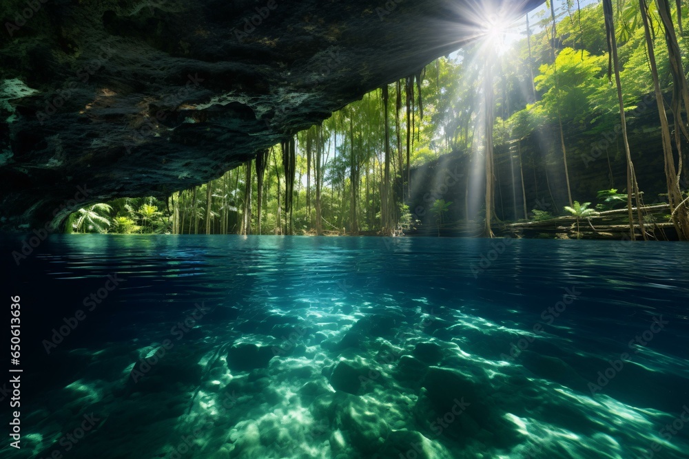 Sunlight streaming through water in a cave