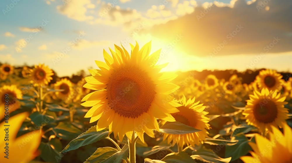 Fototapeta premium A beautiful sunflower field at sunset