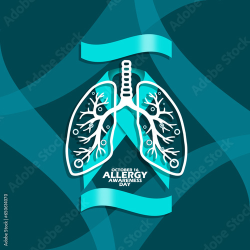 Virus infected lung icon with blue ribbon and bold text on dark turquoise background to commemorate World Allergy Awareness Day on October 16