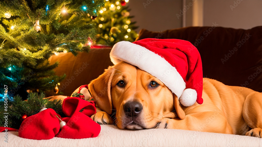 Dog with Santa hat on the couch Dog with Santa hat on the couch