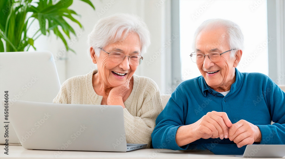 Beautiful senior couple sitting at home, using laptop Beautiful senior couple sitting at home, using laptop