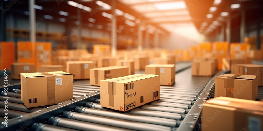 AI Generated. AI Generative. Factory shipping cargo delivery factory conveyor belt with many cartoon box moving. Can be used for business warehouse industry promotion AI Generated. AI Generative. Factory shipping cargo delivery factory conveyor belt with many cartoon box moving. Can be used for business warehouse industry promotion