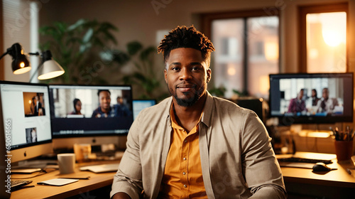 African American guy working from home sitting at office table photo
