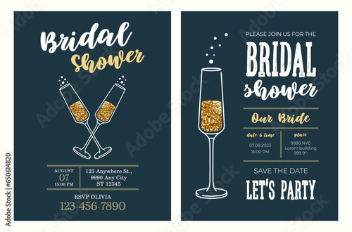 Bridal shower invitation cards design set. Illustration of champagne glass with glitter, vector. Bubbles of sparkling wine, wedding concept. Event, party, presentation, promotion, menu.