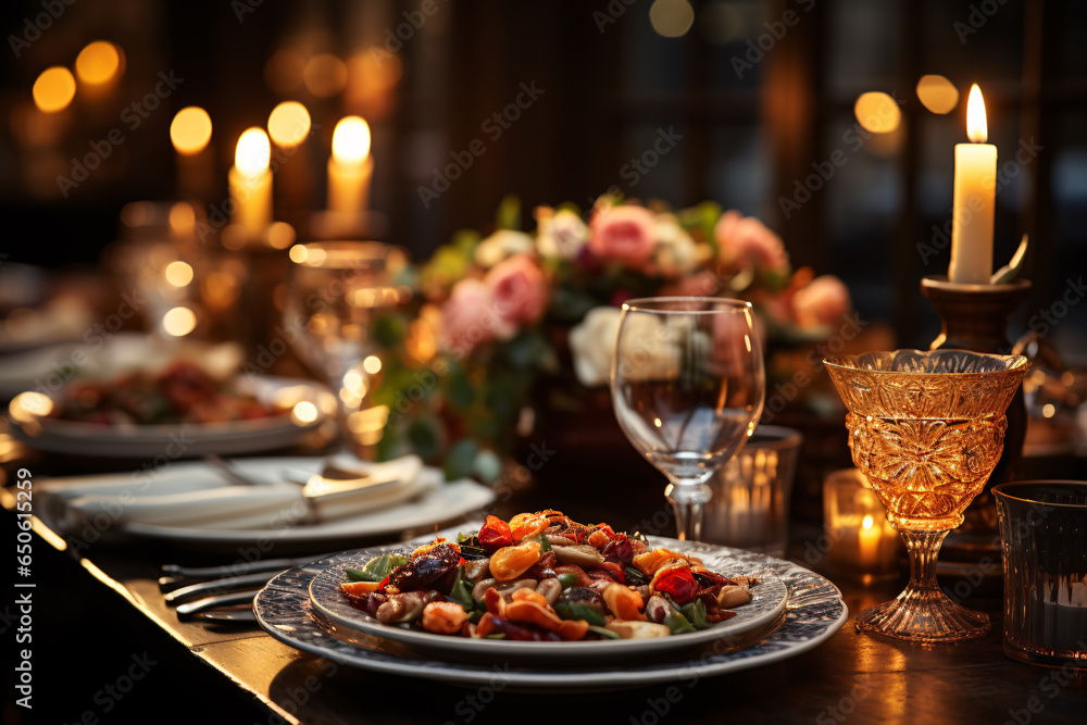 Elegant table setting with candles in restaurant. Selective focus. Romantic dinner setting with candles on table in restaurant.
Elegant table setting with candles in restaurant. Selective focus. Romantic dinner setting with candles on table in restaurant.