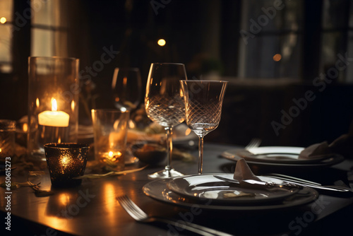 Elegant table setting with candles in restaurant. Selective focus. Romantic dinner setting with candles on table in restaurant.  © vachom