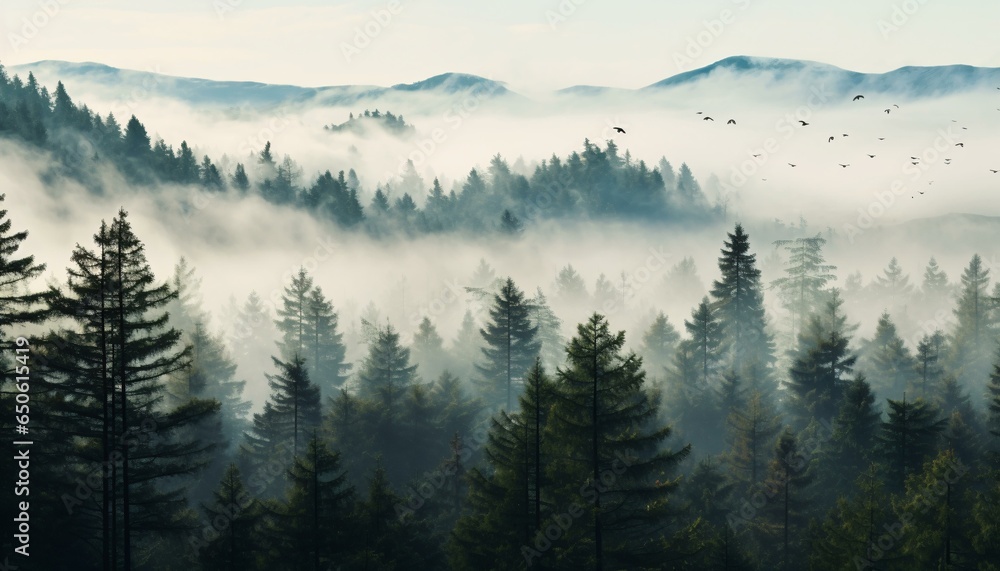 A misty forest with dense trees