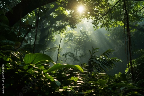 Sunlight streaming through the dense jungle foliage