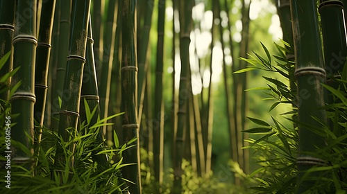 A serene bamboo forest filled with lush green plants