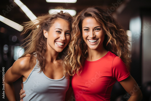 two fit women having fun posing in gym.  photo
