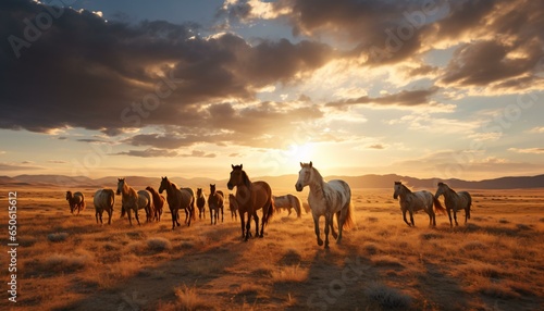A group of horses walking through a golden field