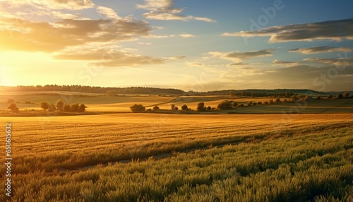 A serene sunset over a lush green field photo