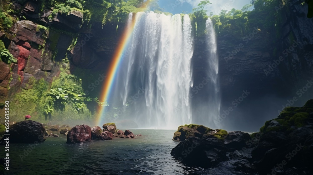 A majestic waterfall with a vibrant rainbow spanning its cascading waters