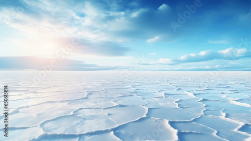 A majestic ice landscape illuminated by the sun's rays piercing through the clouds