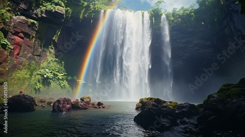 A majestic waterfall with a vibrant rainbow spanning its cascading waters