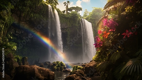 A beautiful waterfall with a vibrant rainbow shining through it