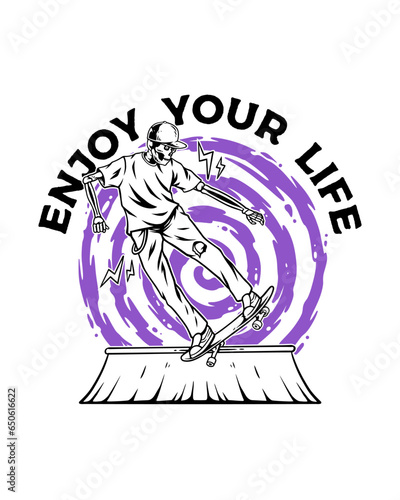 skull skateboard doing a tail slide with an abstract background illustration design for merchandise