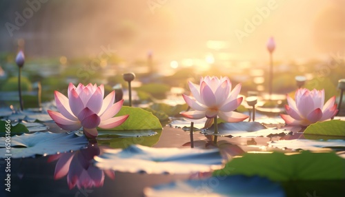 Pink water lilies floating on a tranquil lake