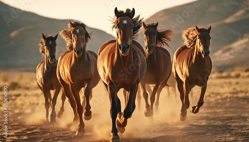 Canvas-taulu Horses in full gallop across a dusty field