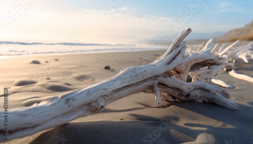A weathered piece of driftwood resting on a serene sandy beach