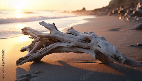 A weathered piece of driftwood resting on a sandy beach photo